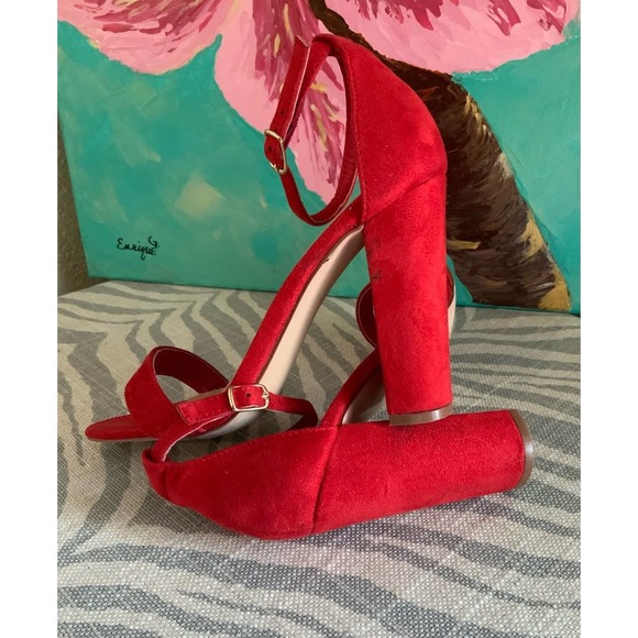 Lulus Taylor Red Suede Ankle Strap Heels Size 5.5 - Picture 7 of 7